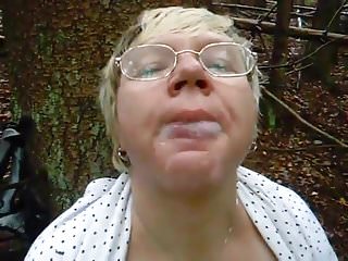 Granny In Woods Gets Facial With Glasses On